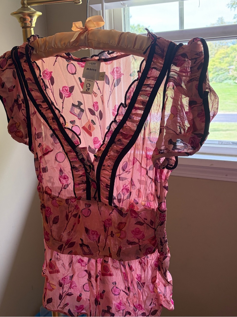 Maeve Pink Floral Sheer Ruffle Top with Black Trim